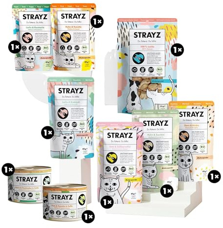 STRAYZ Katzenfutter Nass & Katzenleckerlis Probierpaket – Getreidefrei, Hoher Fleischanteil, Bio Futter, 100% natürliche Zutaten, Premium Nassfutter für Katzen