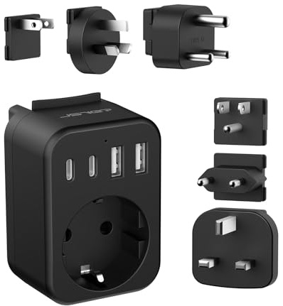JSVER Reiseadapter Weltweit Set,Internationaler Reisestecker Adapter mit USB C, Typ A/C/G/B/I/M Stecker Steckdosenadapter mit 4 USB Reiseadapter für USA/Europa/UK/Südafrika/Japan/China/AUS(Schwarz)