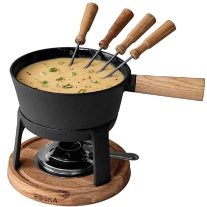 Boska Fondueset Pro - Käsefondue - Fondue set - Fondue set geeignet für Brennpaste - 4 bis 5 Personen - 1,2 L Inhalt - Ink. Fonduegabeln - Eichenholz und Edelstahl