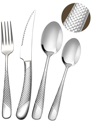 SHEUMNT 24-teiliges modernes, Gehämmertes Besteckset aus Silber mit ultrascharfem 2-in-1 Wellenschliffmesser, Utensilienset aus Edelstahl 18/10, Besteckset für 6 Personen, Messer Gabel Löffel Set