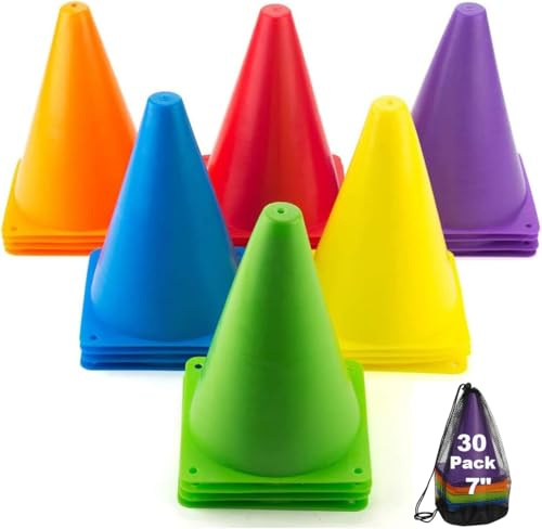Tebery 30 Stück Markierungskegel, 17.5cm Durabile Markierkegel, Fußball Trainingshilfen, 7 Zoll Multifunktionskegel für Kinder, Fußball, Sport, Reitsport & Hund Training