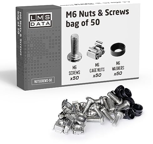 LMS Data M6 Käfigmuttern, Schrauben und Unterlegscheiben, Set – für Patchpan-Rack-Montagegeräte, Datennetzwerkschränke, Größe 48,3 cm und 25,4 cm (50, Nickle)