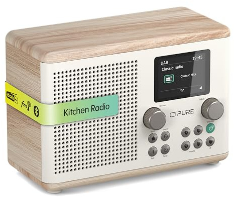 Pure Classic H4 DAB+ Radio – Digitalradio mit Bluetooth 5.3, 10W Lautsprecher, 2.4'' TFT‑Farbdisplay, Küchen‑Timer, Wecker, 80 Sender, AUX‑In, USB, stilvolles Küchenradio Baumwoll Weiß/Eiche