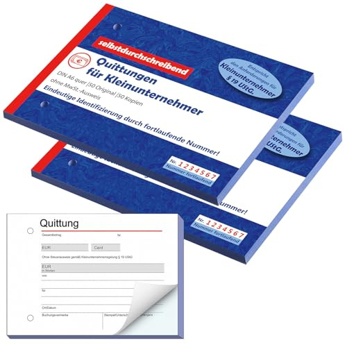 Nezyo Quittungsblock für Kleinunternehmer DIN A6 Gelocht 2 x 50 Blatt Selbstdurchschreibend Fortlaufend Nummeriert Eindeutige 7stellige Nummer Rechnungsblock mit Durchschlag(2 Stück, Horizontal)