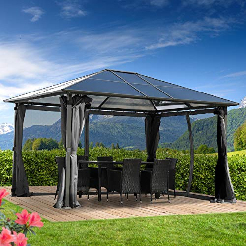 BRAST Alu Pavillon Premium | viele Modelle & Farben | Größen 3x3m 3x4m 3,6x4,8m | Moskitonetz + LED | TÜV geprüft | wasserdicht | UV-Schutz | festes Dach | 3x4m Grau + LEDs