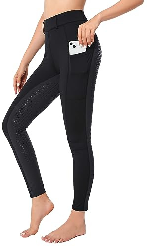 Reitleggings Damen Vollbesatz mit Handytasche, High Waist Reithose Damen Mädchen Stretch mit Gürtelschlaufen