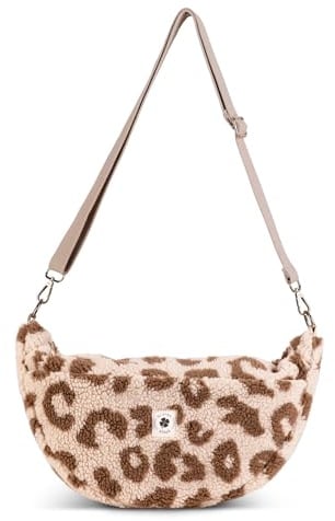 Grünes Glück Teddy Moon Bag Damen mit Innen & Außentasche | Perfekt als Crossbody Bag mit verstellbarem Gurt | Teddy Tasche Damen auch als Kinderwagen Organizer geeignet | Farben Taupe & Leo