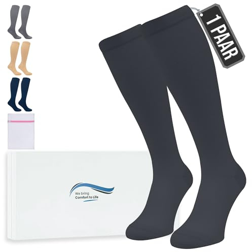 360 Relief Kompressionsstrümpfe Damen und Herren - 1 Paar Stützstrümpfe für Sport, Laufen, Flug, Reise, Joggen, Radsport - Thrombosestrümpfe L/XL Schwarz mit Wäschenetz