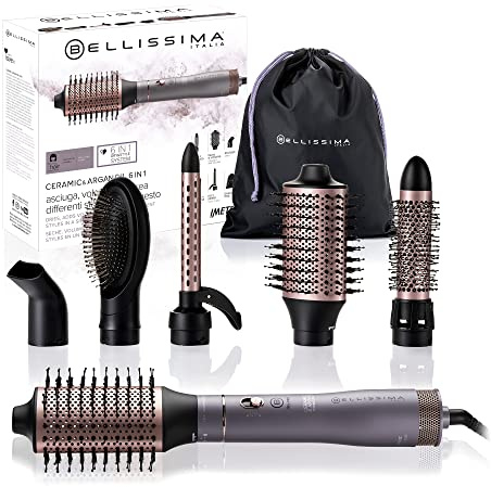 Bellissima Ceramic & Arganoil 6 in 1, Heißluftbürste, 6 Zubehörteile, Ionentechnologie, Bürsten mit Keramik- und Arganölbeschichtung, Trocknet und verleiht Volumen, Kaltluftstoß, 1000 W