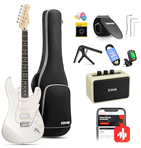Donner E-Gitarre Set 39 Zoll mit Ahorn Griffbrett, E Gitarren mit Verstärker, Tasche, Capo, Gurt, Saiten, Tuner, Kabel und Plektren (Weiß)