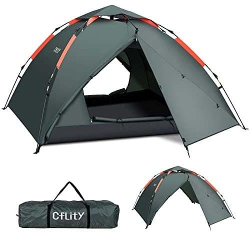 Cflity Camping Zelt, 3 Personen Instant Pop Up Wurfzelt Wasserdicht DREI Schicht Automatische Kuppelzelt, Große 4 Jahreszeiten Zelte mit Rain-Fly 2 Erweiterbare Veranda