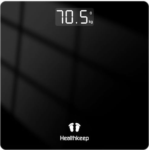 Healthkeep Personenwaage - Digital Körperwaage mit Hochpräzisions-Sensoren Tragkraft bis 180 kg, Digitalwaage mit Klare LED-Anzeig, Waage Personen aus Kompakt Siche rheitsglas 26 * 26cm-Schwarz