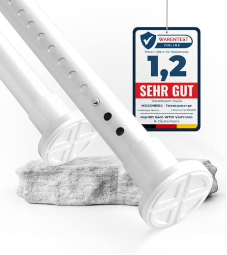 MEISENBERG Duschvorhangstange ohne Bohren 160-210cm, Weiß, Ø32mm | Werkzeuglose Montage, Rostfrei & Rutschfest - Spannstange für Fenster, Tür, Bad, Küche, Schrank, Balkon, Trennwand