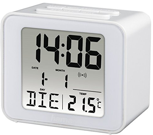 Hama Funkwecker digital (Kleiner Wecker mit Funk und Licht, Reisewecker mit automatischer Zeitanpassung, Digitalwecker inkl. Batterie) weiß