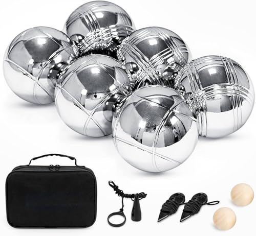 Truevaste Boule Set, 6 Boccia aus Metall, mit 2 Holzkugeln, 2 Abstandsmesser, 1 Boules-Kugel Magnetvorrichtung & Tragetasche, Outdoor Freizeitspiele Boule-Spiele für den Garten oder den Strand
