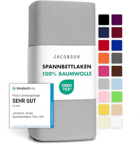 Jacobson Jersey Spannbettlaken Spannbetttuch Baumwolle Bettlaken (90x200-100x200 cm, Grau)