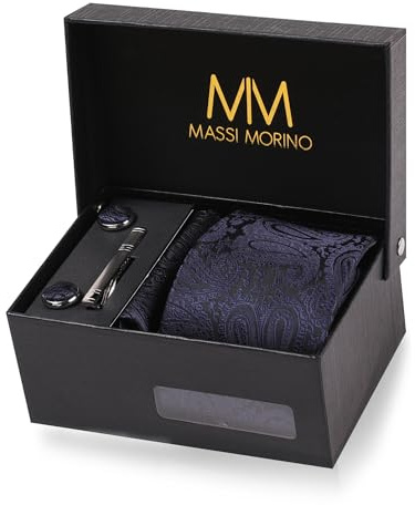 Massi Morino Krawatte Paisley Dunkelblau mit Einstecktuch Set Herren inkl. Manschettenknöpfe, Krawattennadel und Geschenkbox | Männer Krawattenset zur Hochzeit