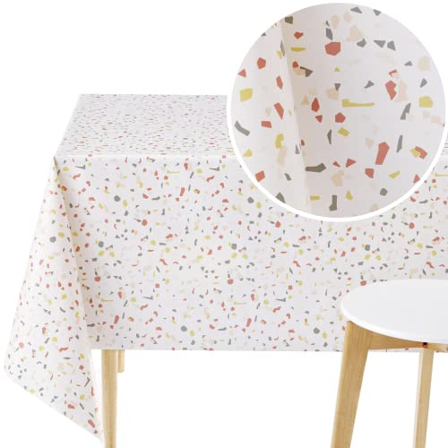 KP HOME PVC Tischdecke mit Terrazzo Muster - Wachstuchtischdecke Wasserdicht und Abwaschbar 200 x 140 cm Rechteckig - Abstrakte Weiß Marmor Wachstischdecke, Vinyl Wachstuch Kunststoff fur Outdoor 2m