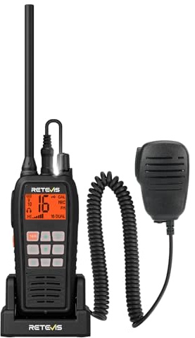 Retevis RM15 Seefunkgerät, Marine Radio IP68 Wasserdichtes, Zwei-Wege-Rauschunterdrückung mit Mikrofon, 2000 mAh Akku, Tragbares Zwei-Wege-Funkgerät für Angeln und Bootfahren (Schwarz, 1 Stück)