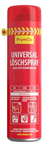 Prymos Feuerlöscher Spray 625ml – Universal Löschspray für Küche, Haushalt, Grill – 5A/21B/15F – Made in Germany – für Brandklassen A B F & Elektrogeräte bis 1000V