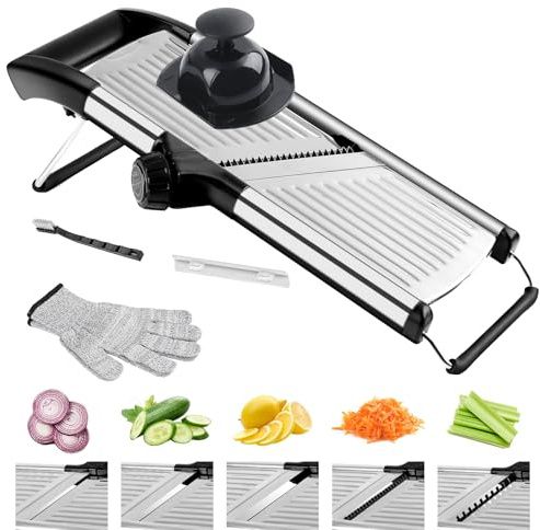 NIOSAVM Gemüsehobel mit 4 Klingen und schnittfesten Handschuhen – Edelstahl Mandoline für Kartoffeln, Salat, Hotpot, rutschfester Gemüsehobel, Keto (inkl. Bürste und Tuch).