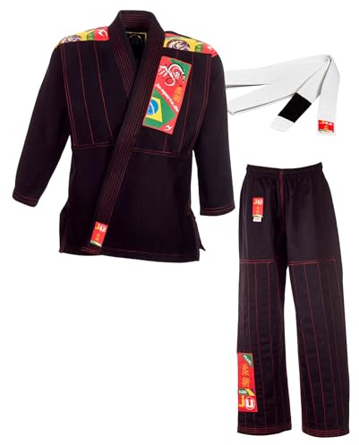 Ju-Sports BJJ Anzug Kids Schwarz 120 I Leichter, schlanker Brazilian Jujutsu Anzug speziell für Kinder I BJJ Gi im bunten Design I Inkl. weißem Gurt I 100% Baumwolle