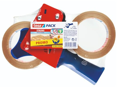 tesa Paketband-Abroller und tesapack Paketbänder im Set - 2 x hochwertiges Packband inklusive 1 Abroller - Transparent - 66 m x 50 mm