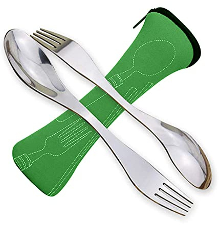 Göffel Edelstahl Gabel und Löffel Campingbesteck Leichtes Besteck Dual-Use 2 Stück (Grün)