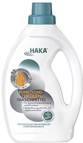 HAKA Sportwaschmittel für Funktionstextilien, 1 L (33 Waschladungen), für Sport- & Outdoorbekleidung, erhält Atmungsaktivität & Membranfunktion, hautfreundlich, vegan
