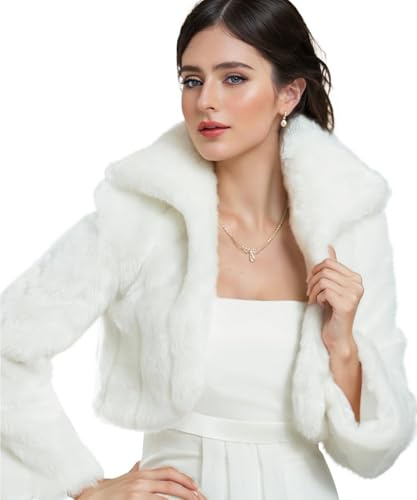 AUTTOGirl Damen Brautbolero Kunstfell jacke Hochzeit brautkleid winter pelz bolero voll Langer Armel Jacke Weiß L