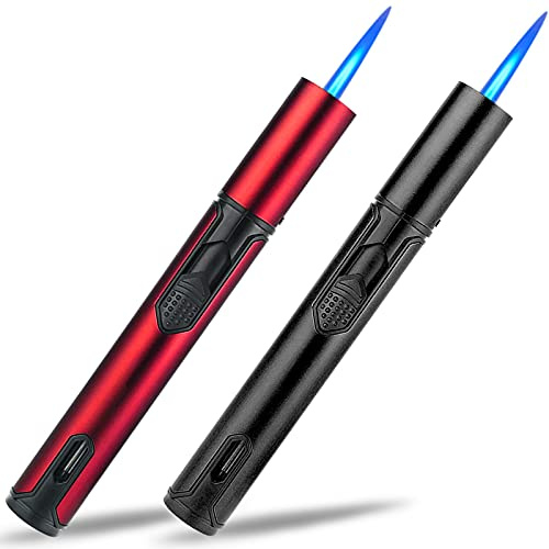 Yeuligo 2 Stück 15,2cm Jetflamme Feuerzeug, Gas Nachfüllbar Sturmfeuerzeug, Winddicht Langes Stabfeuerzeug für Kerzen, Küche, Camping, Grill, Kamin. Rot und Schwarz(Verkauft ohne Butangas) ﻿