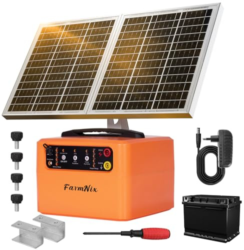 48 KM Weidezaungerät Solar, 0,3 J–1,5 J, 6 KV–12 KV Einstellbares Elektrozaungerät mit 15W-Solarpanel, mit Integrierter 12V 7Ah Blei-Säure-Batterie, Geeignet Rinder und Schafe, Bauernhöfe und Gärten