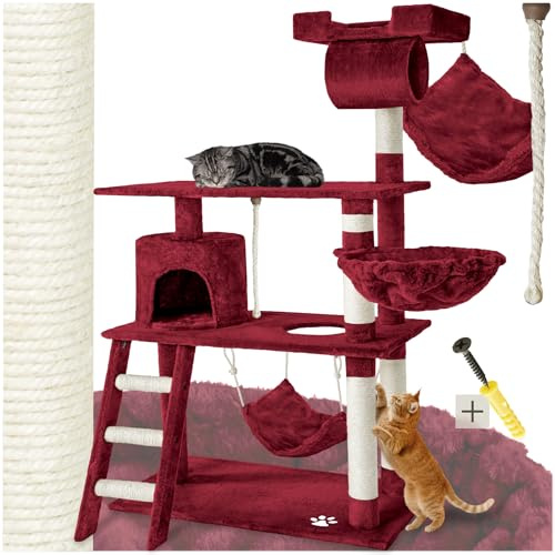 tectake Katzen Kratzbaum, Katzenbaum, Kletterbaum, 141cm hoch, Katzenhaus Indoor mit Hängematte, Höhle, Spielseil und Treppe, Plüsch Sisal, Katzen Kratzmöbel mit Spielzeug, extra breit - weinrot