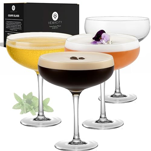 Vemacity Elegante Espresso Martini Gläser 4er Set |Handgefertigte Cocktailgläser Set|Ideal Champagner Schalen und Champagner Gläser |Edle Coupe für Margarita & Cocktails | Martinigläser