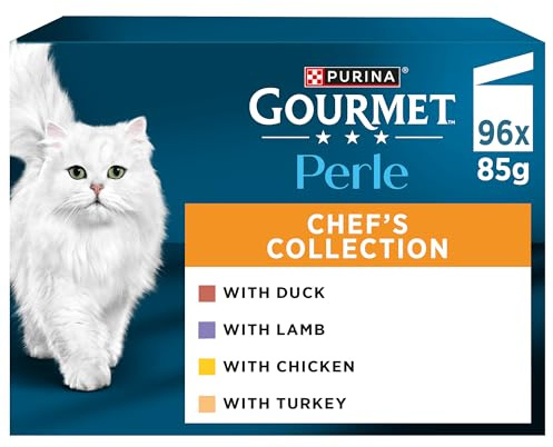 Gourmet Katzenfutter Perle Chef's Collection, 96 Beutel, 96 x 85 g | Filets in Sauce für erwachsene Katzen mit Ente, Lamm, Huhn und Truthahn