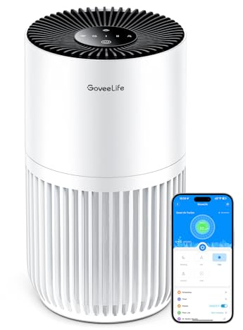 GoveeLife Mini-Luftreiniger fürs Schlafzimmer, intellig. HEPA-Filter mit Alexa-App-Steuerung gegen Tierhaare, Gerüche, Pollen, Rauch, Tragb. Luftreiniger mit 3 Geschwindigkeiten, 2 Modi, Timer, Aromen