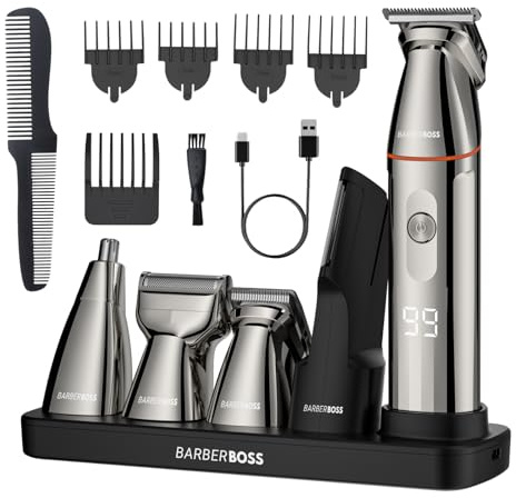 BarberBoss rasierer herren elektrisch, bartschneider herren, 5-in-1 Pflegeset für Männer, Haarschneidemaschine, Bartschneider-Set, Detailrasierer, Präzisionstrimmer für Nase, Ohren & Körper, QR-6010