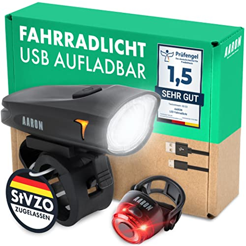 AARON LED Fahrradlicht USB aufladbar Set (6,5h Leuchtdauer), StVZO Zulassung - Akku Fahrrad Licht Set regenfest - Fahrradbeleuchtung - Beleuchtung Fahrrad für vorne + hinten Schwarz
