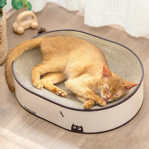 Conlun Katzen-Kratzbrett, Ovales Kratzpappe für Katzen, 2-in-1 Design aus Naturkarton, Kratzsofa-Lounge mit geschlossenem Krümelboden,Sofort nutzbar – Keine Montage,Stylische Farben für jedes Zuhause