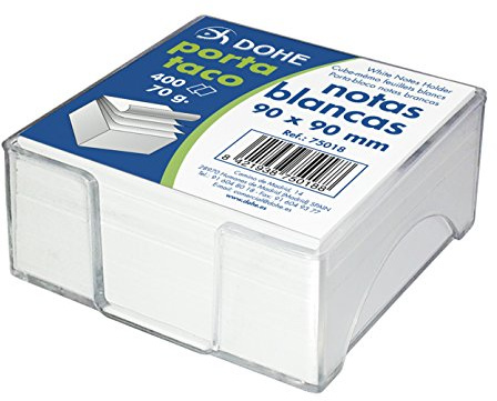 DOHE -Zettelbox mit Block aus 400 Zetteln, 90 x 90 mm. Weißes Papier, 70 g. Hergestellt aus transparentem Spritzkunststoff von höchster Qualität.