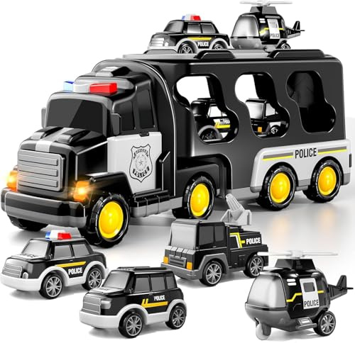 TEMI Polizei LKW Spielzeug für Kinder 3 4 5 6 Jahre alte Jungen.5-in-1 Reibung Power Notfallfahrzeug, Polizei Auto Spielzeug, Träger LKW Spielset für Kinder 3-9