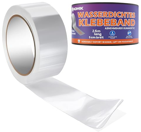 HOMIK Extrem Starkes Transparent Wasserdichtes Klebeband 5cm x 2.5m – Dichtungsband & Reparaturband für glatte Oberflächen, PVC, Kunststoff, Metall, UV Beständig