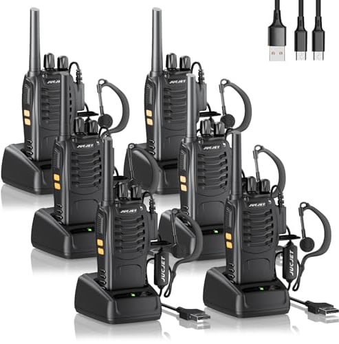 88E Walkie Talkies (6 Stück), Upgraded Version Lizenzfrei 16 Kanäle PMR446 Funkgerät, 3-5 km Reichweite Sprechfunkgerä, mit TPYE C Charging Cable & USB-Ladestation, Original Earpieces (6 Stück)