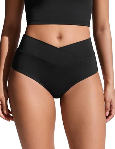 CRZ YOGA V-Shaped High Waisted Badehose | Mittelhoher Beinausschnitt, Mittlere Gesäßabdeckung, Cross Front, Swim, Bikini Bottoms für Damen