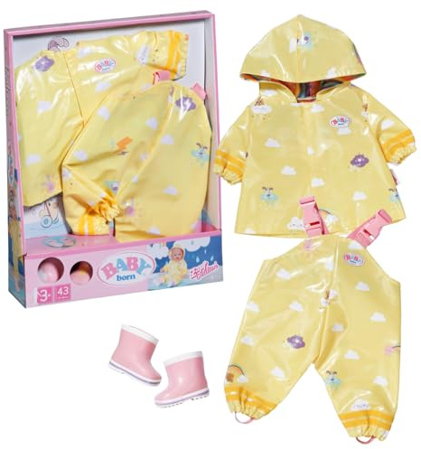 BABY born Deluxe Regen 43cm, Regen-Oufit mit Regenmantel, Regenhose und Gummistiefeln für 43 cm Puppen, 836460 Zapf Creation