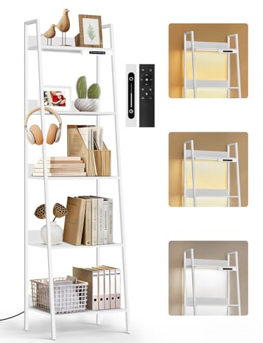 OUTONLIFE 5 Ebenen Schmales Leiterregal mit LED-Beleuchtung, Touch- & Fernbedienung, 3 Farbtemperaturen, Dimmbares Hohes Standregal aus Metall und Holz für Wohnzimmer, Schlafzimmer, Büro
