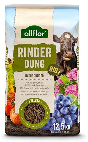 Allflor Rinderdung gekörnt - 1 x 12,5 Kg - Rinderdungpellets im Beutel - Wirtschaftsdünger von Rindern - Biologischer Gartendünger - Rindermist - Fördert die Humusbildung