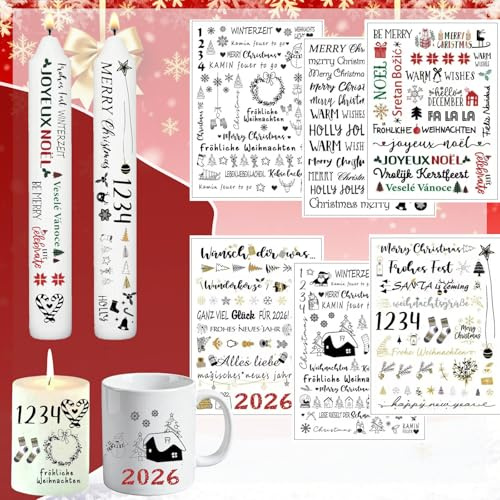 6 PCS Kerzentattoos Weihnachten, Wasserschiebefolie Kerzen, Kerzen Sticker Weihnachten,Kerzentattoo Wassertransferdruck,Merry Christmas Kerzensticker, Kerzen Dekorieren