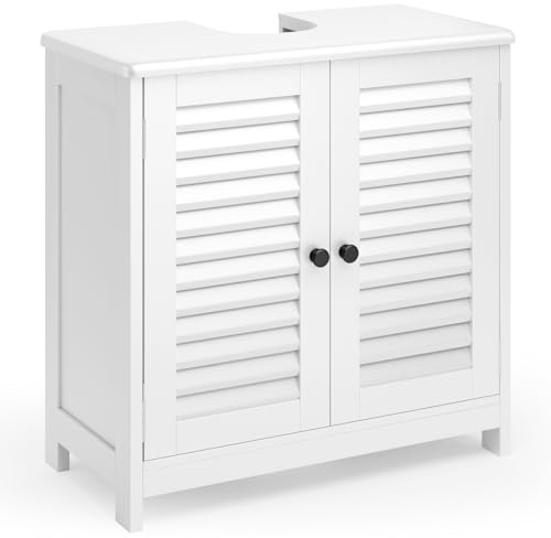 Xbro Waschbeckenunterschrank, Unterschrank mit 2 Lamellentüren, Verstellbare Ablage, Badmöbel für Badezimmer, 60 x 30 x 60 cm, Weiß