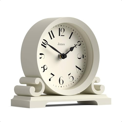 JONES CLOCKS® Saloon Kaminsimsuhr | Kleines traditionelles doppelscroll-Design | Pale Cream | Zeitgenössischer klassischer Stil für Schreibtisch, Tisch, Regal oder nachttisch